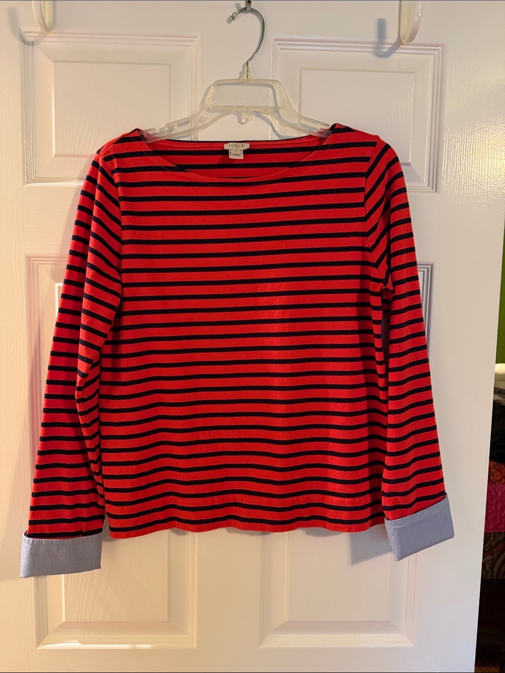 J.Crew Red and Navy Striped Women’s Long Sleeve Top w/ Cuff- size S